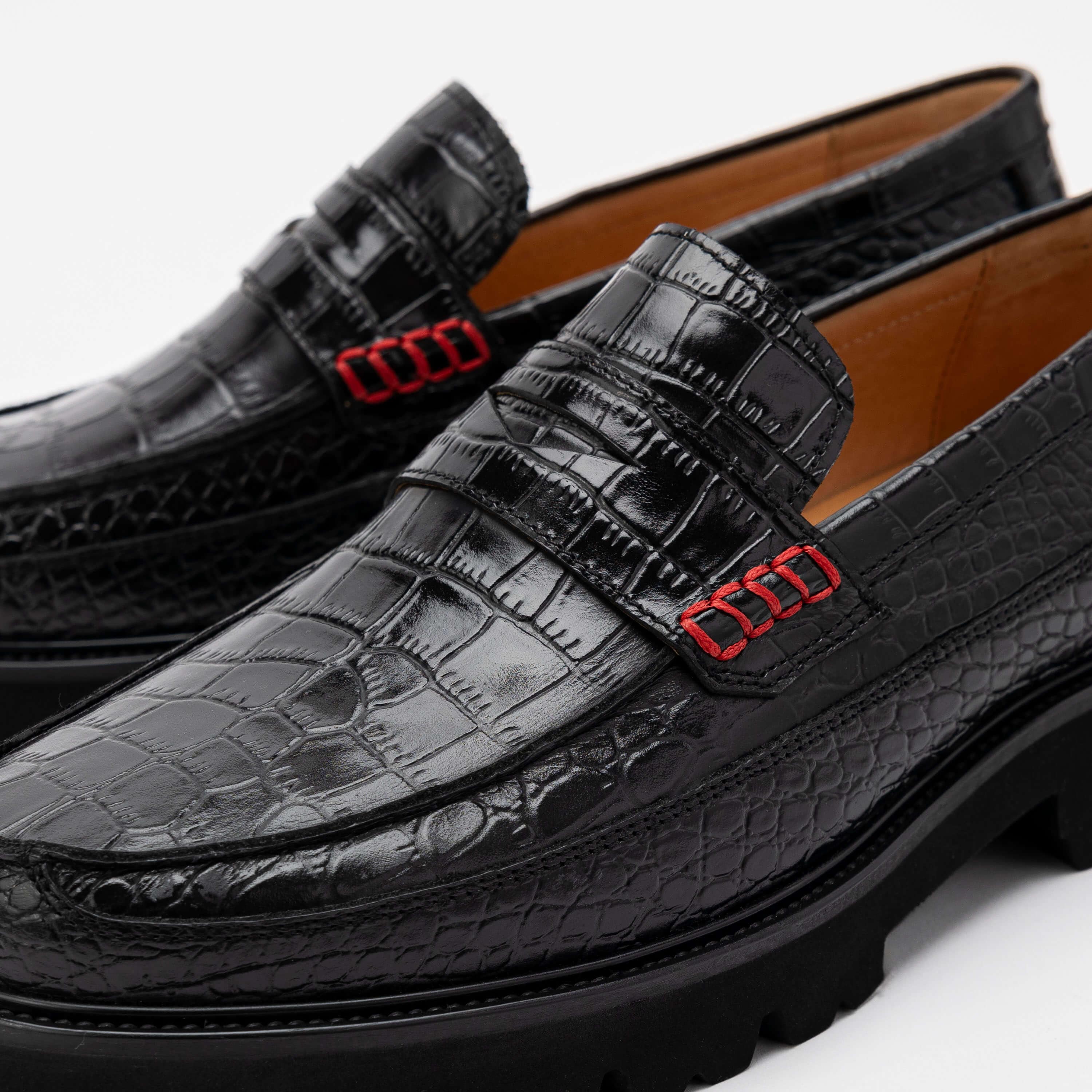 Adler Black Croc Leather Lug Penny Loafers - Image 3