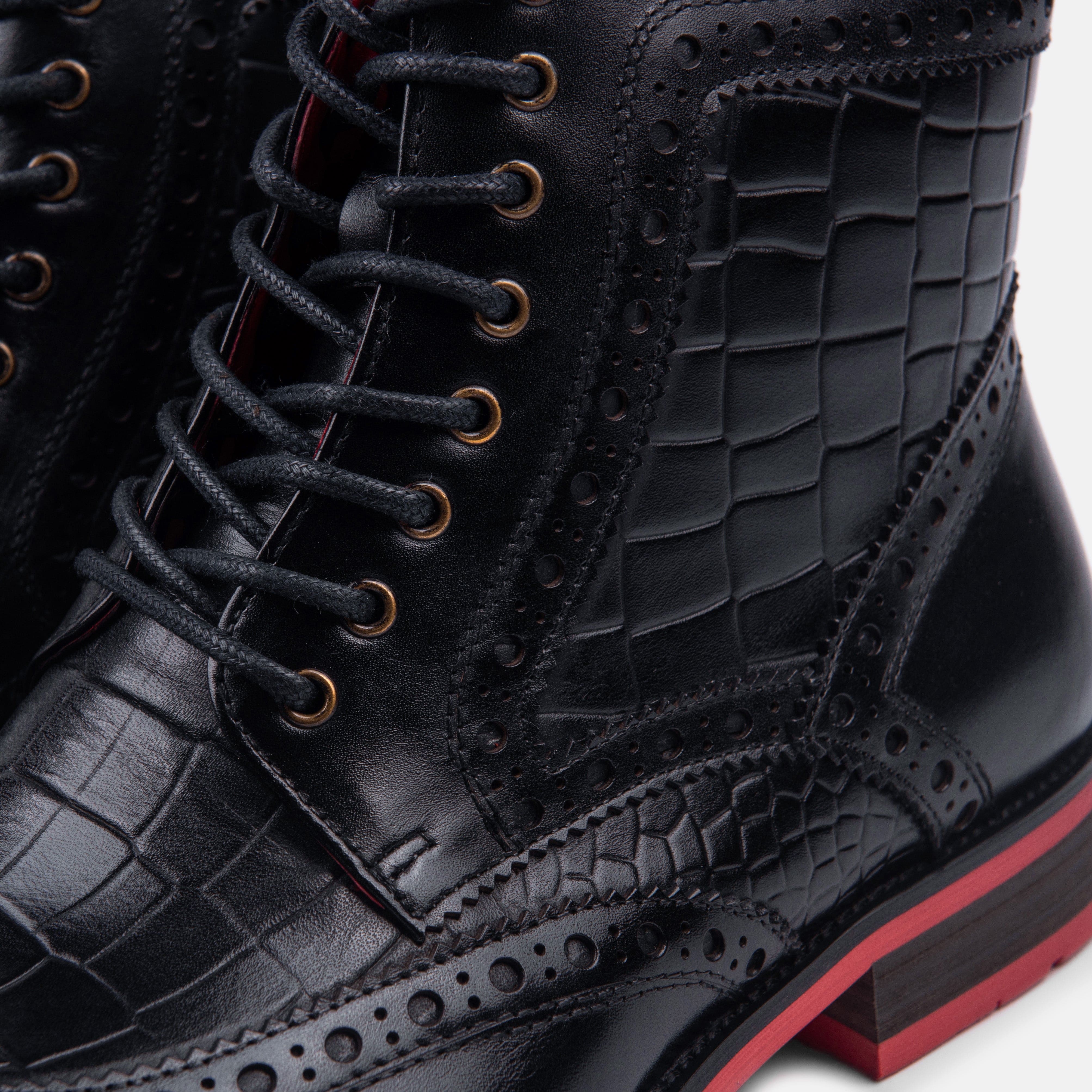 Belmont Black Crocskin Leather Wingtip Combat Boots - Image 3
