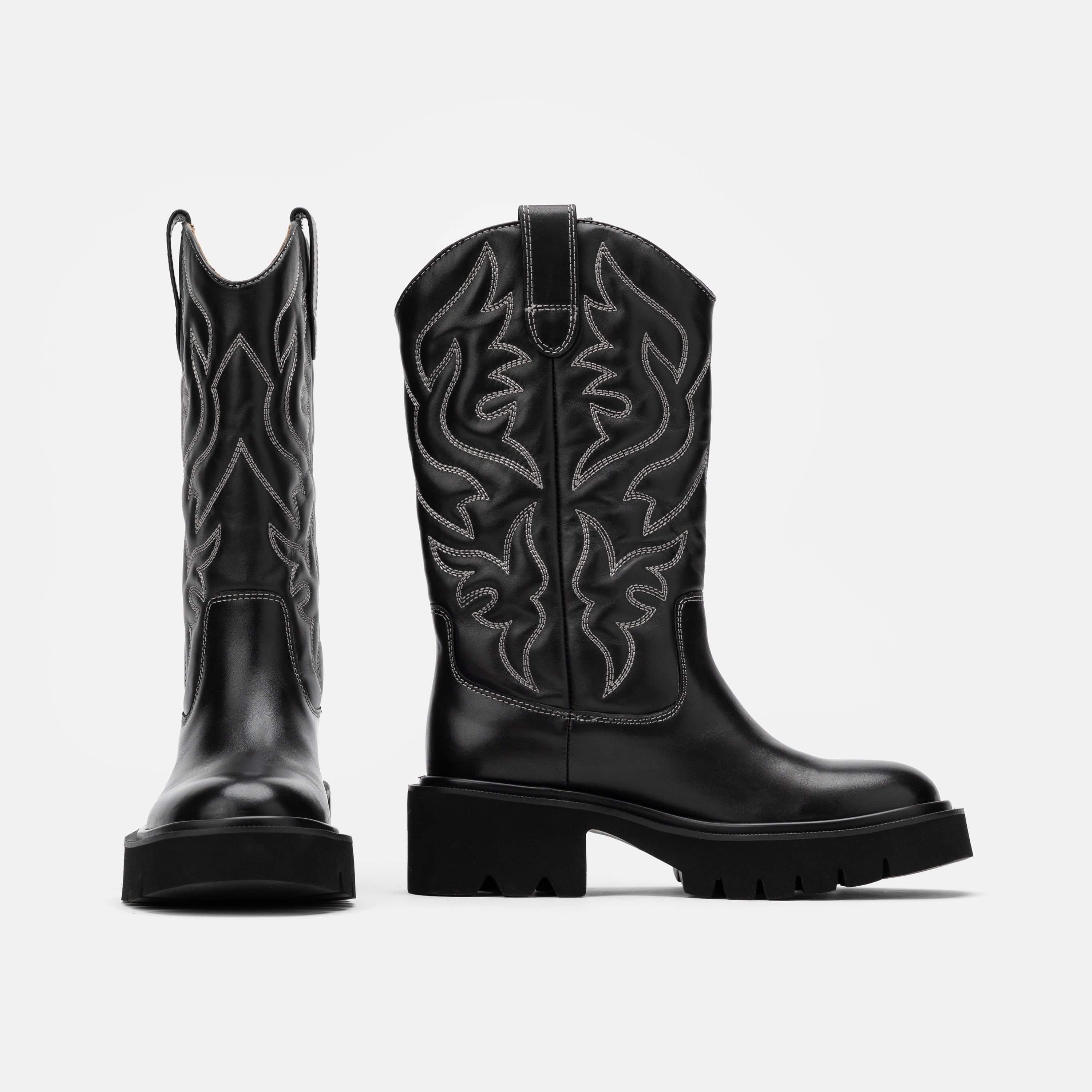 Daisy Black Leather Lug Cowgirl Boots - Image 6