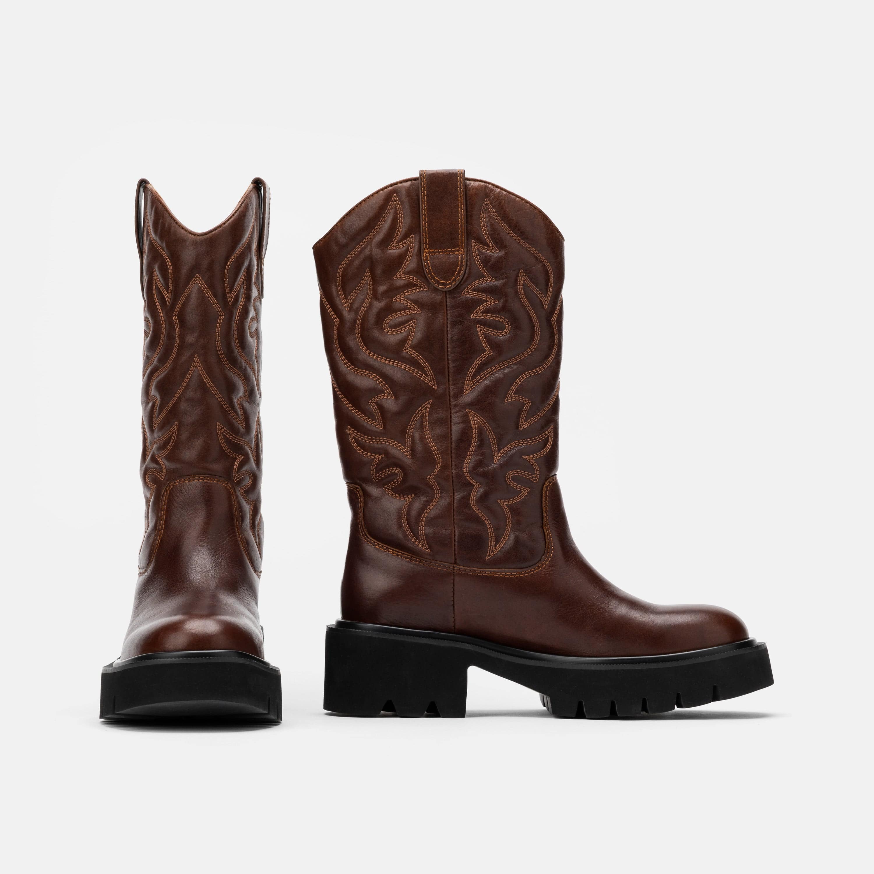 Daisy Chocolate Leather Lug Cowgirl Boots - Image 6