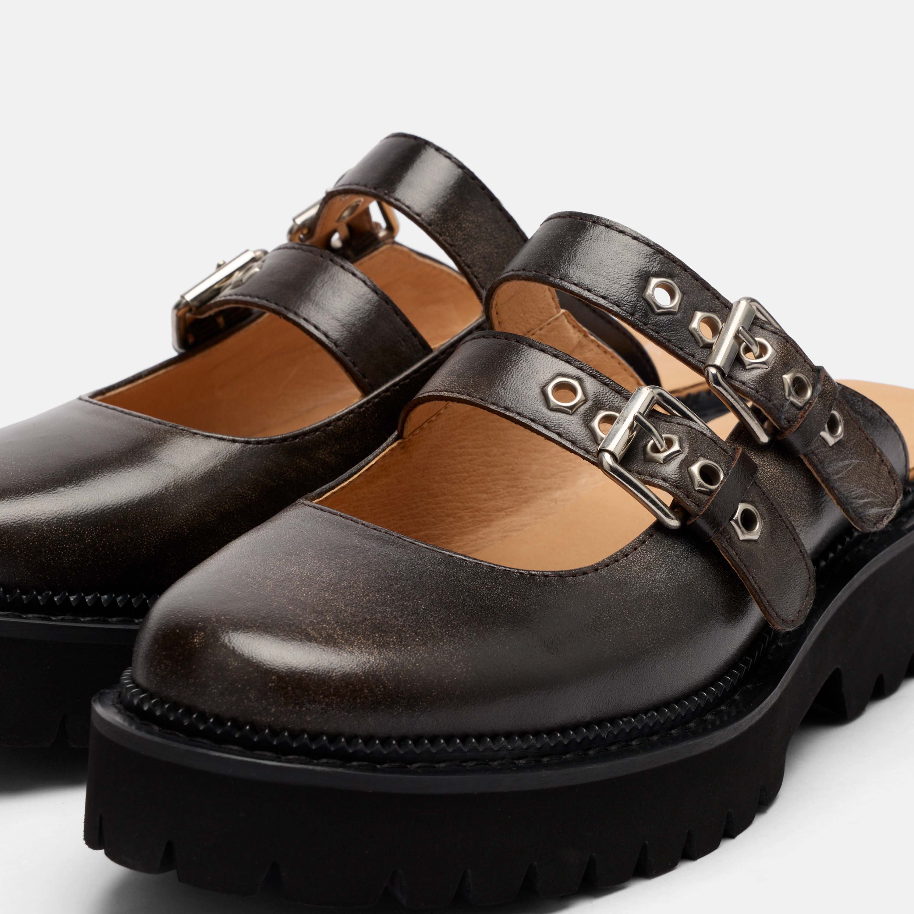 Lexi Brown Distressed Leather Double Buckle Mules - Image 3