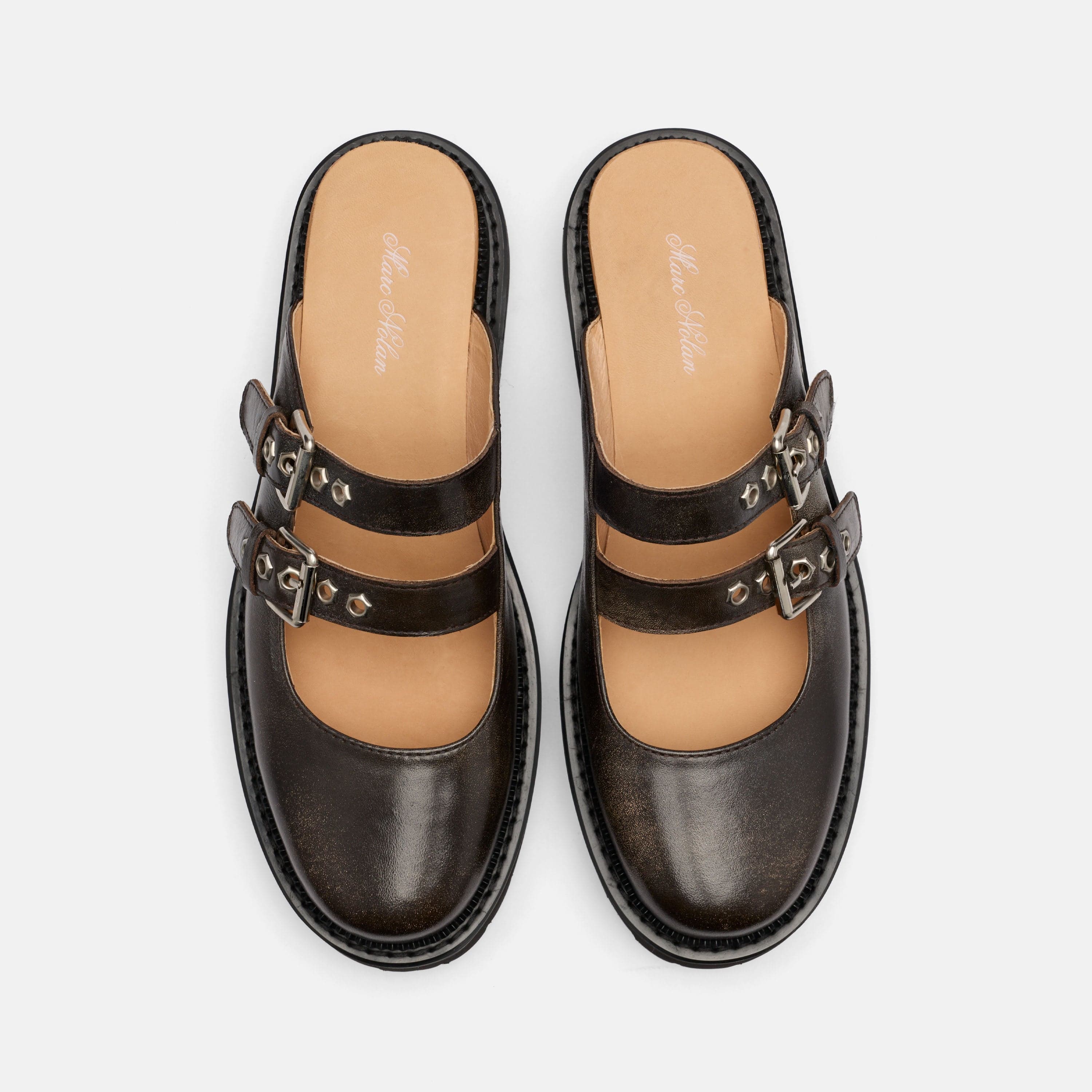 Lexi Brown Distressed Leather Double Buckle Mules - Image 5