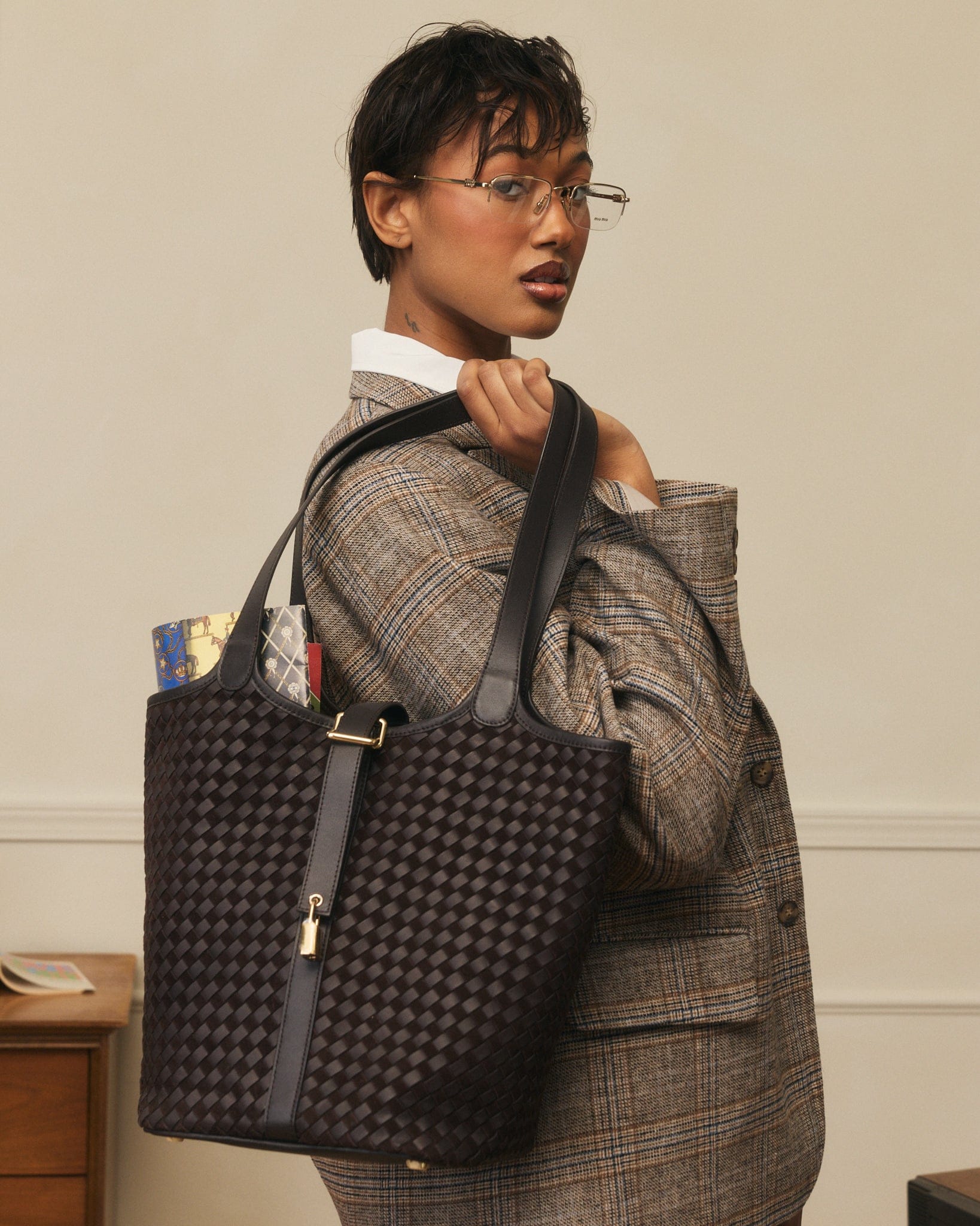 Mila Brown Woven Leather Tote Bag - Image 3