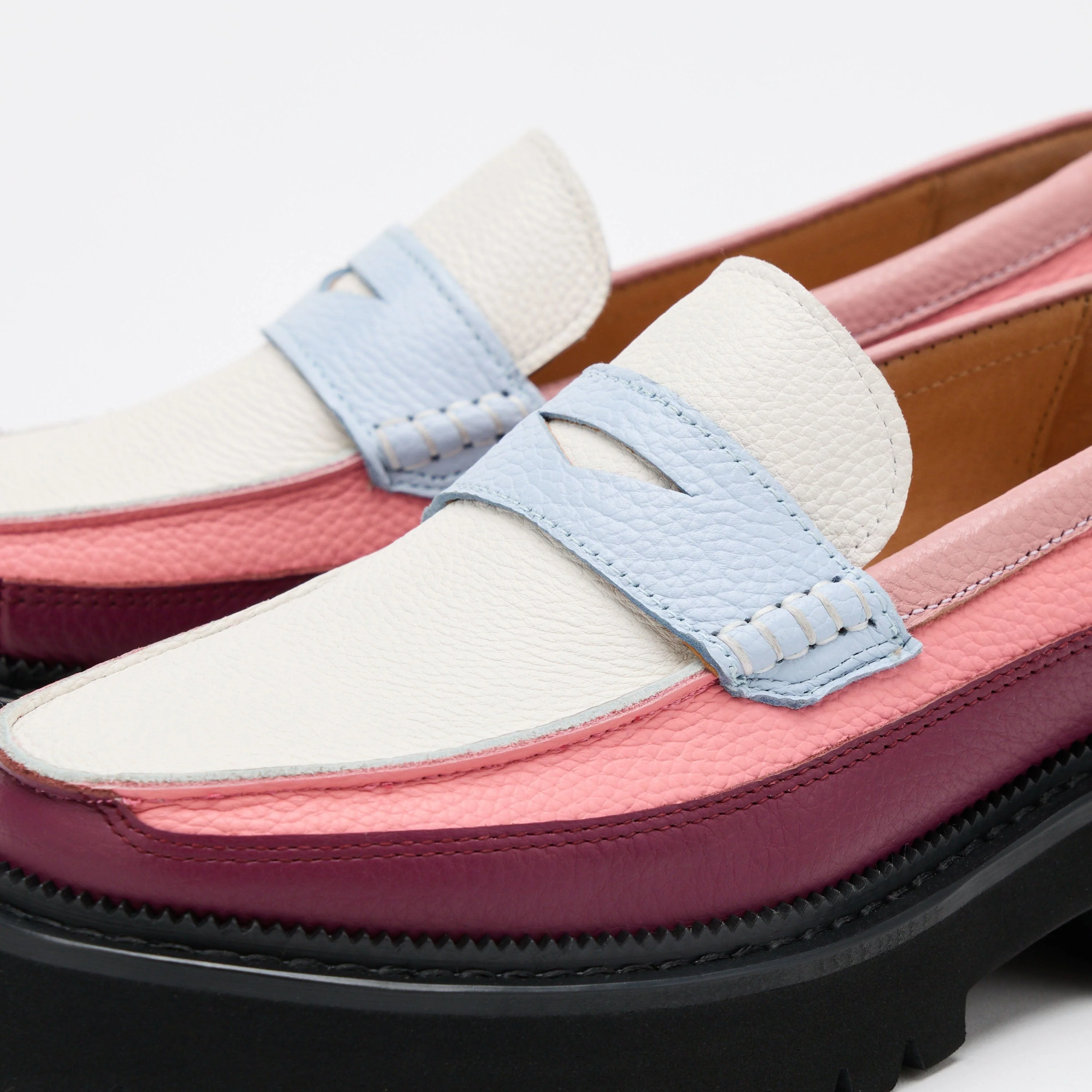 Ms. Adler Colorblock Pink/Burgundy/Blue Leather Lug Penny Loafers - Image 3