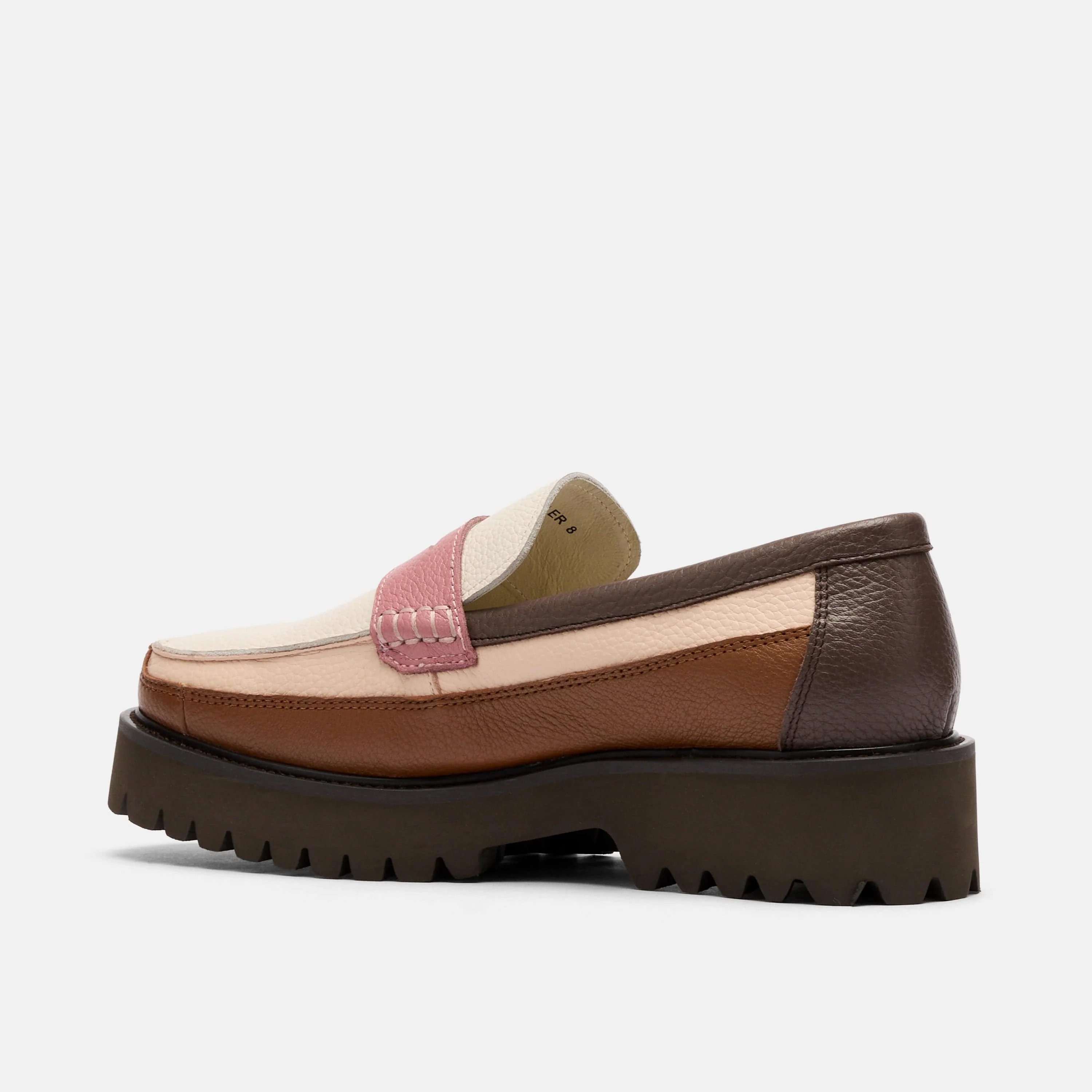 Ms. Adler Brown/Cream/Pink Colorblock Leather Lug Penny Loafers - Image 4