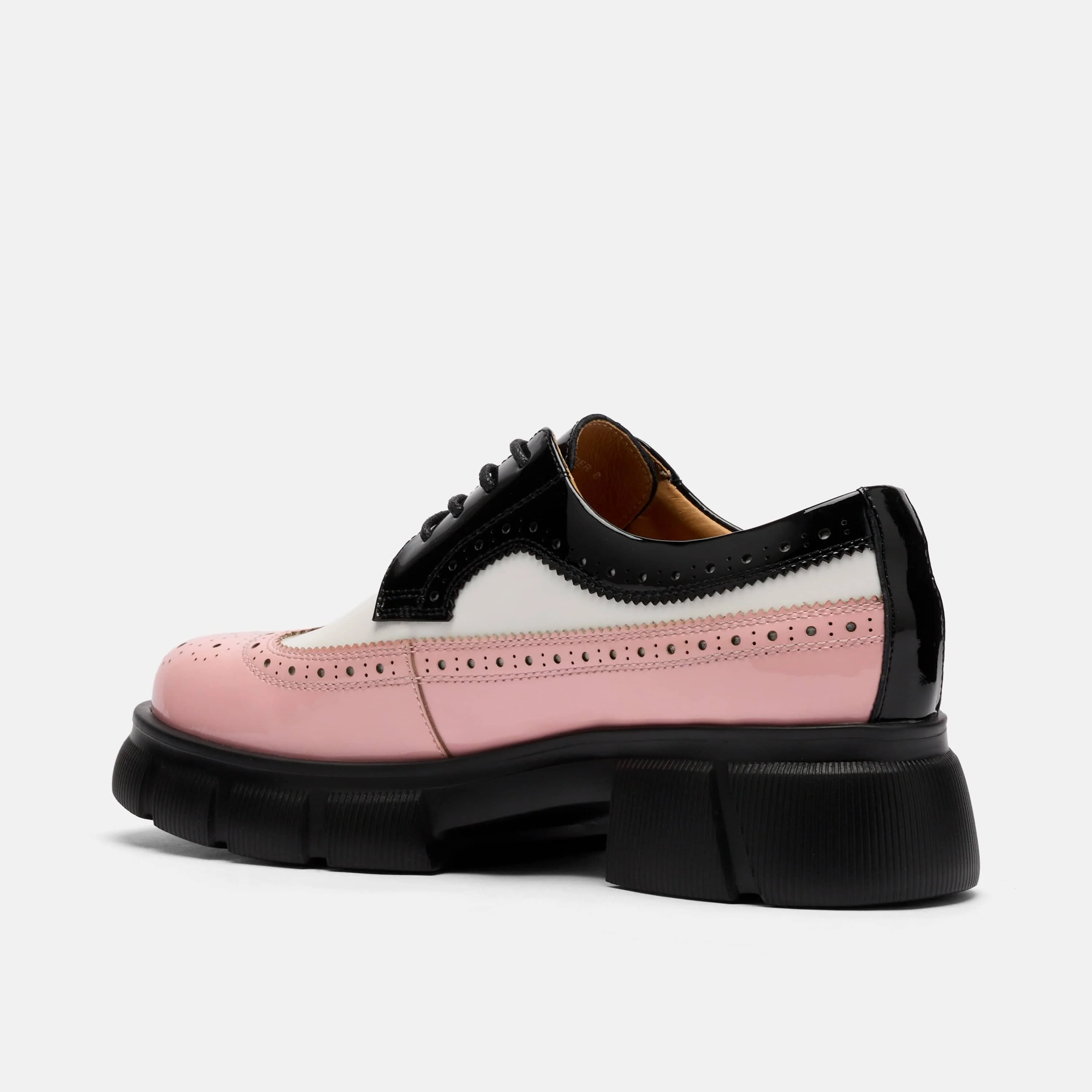 Ms. Alexander Black/White/Pink Patent Leather Lug Wingtip Derby - Image 4