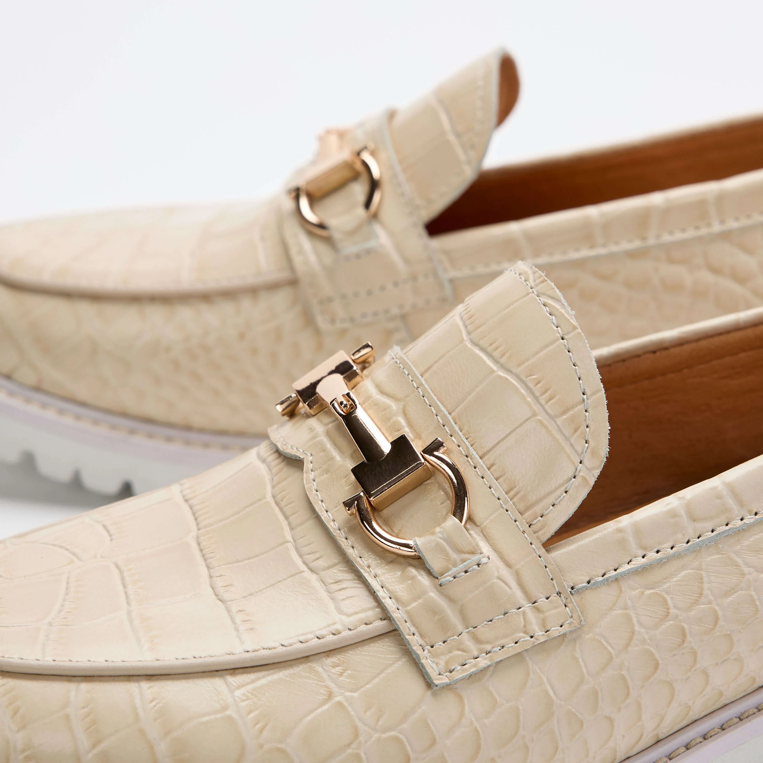 Ms. Boulevard Beige Croc Leather Bit Loafers - Image 3