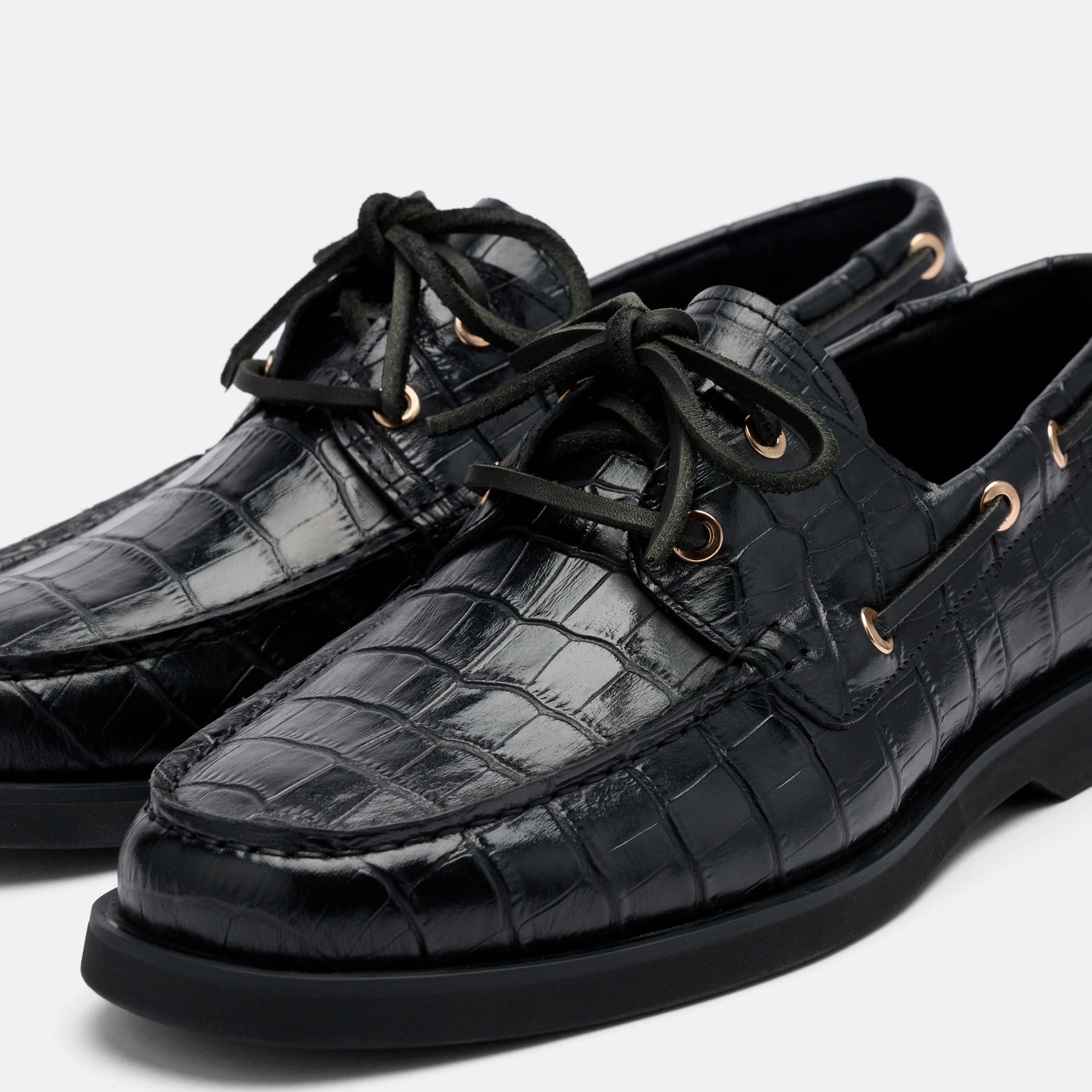 Ms. Capri Black Croc Leather Boat Shoes - Image 3