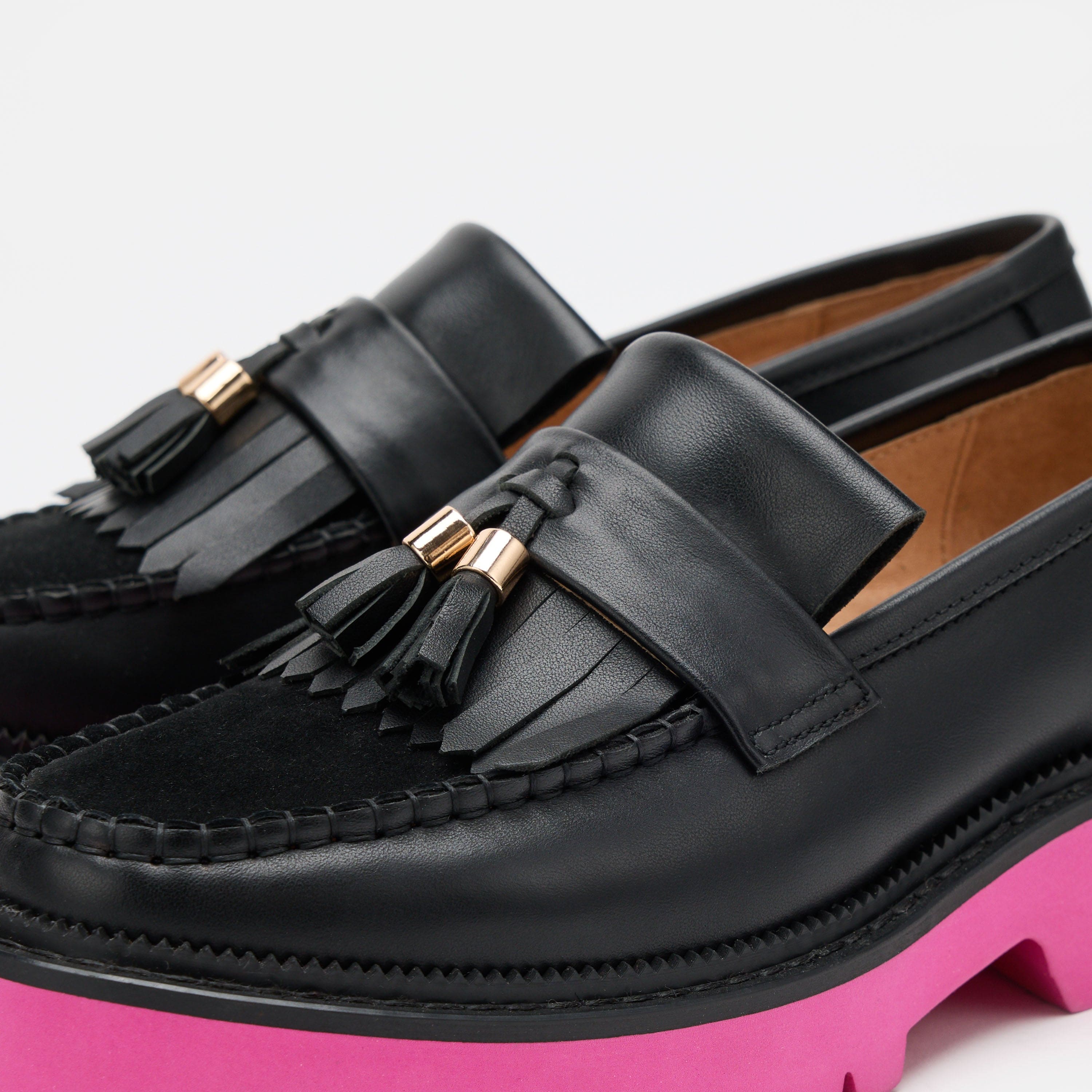 Ms. Journey Black/Pink Leather Lug Tassel Loafer - Image 3